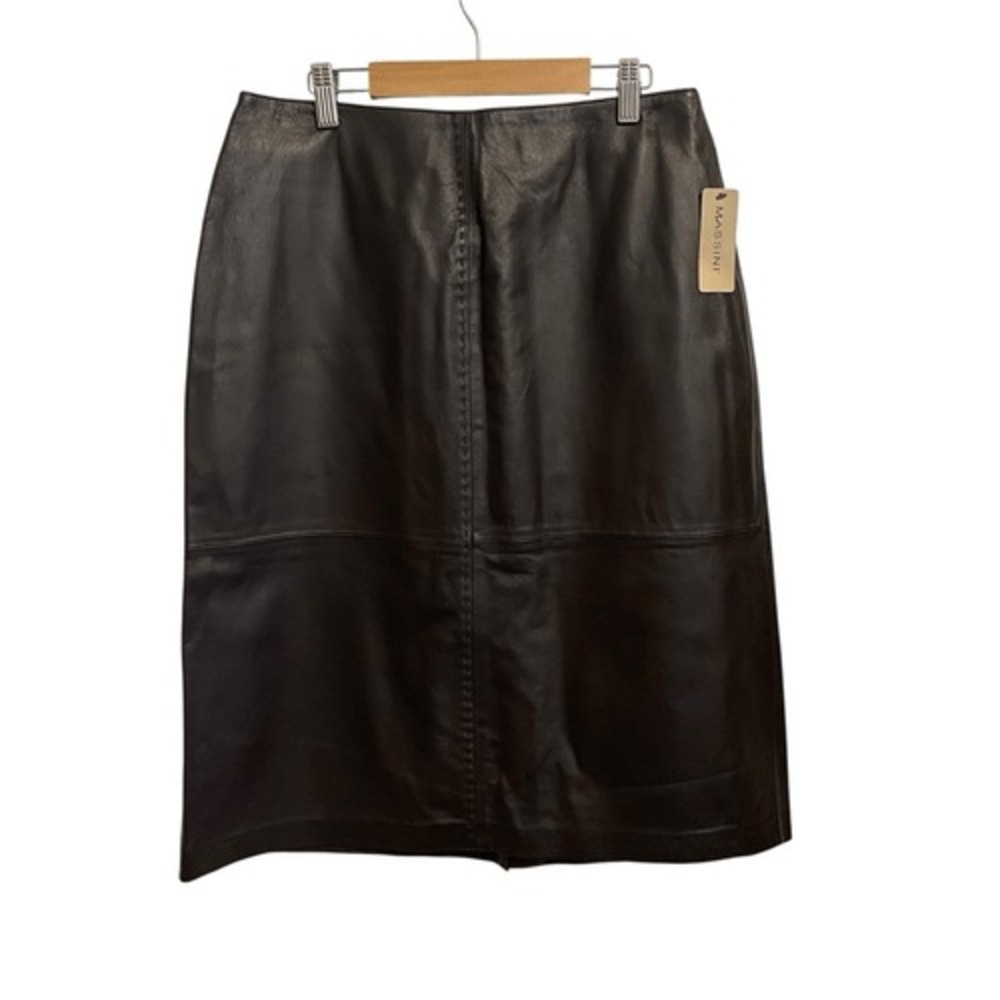 Massini Black Genuine Leather Midi Pencil Skirt Size 10 Back Vent Zipper Closure